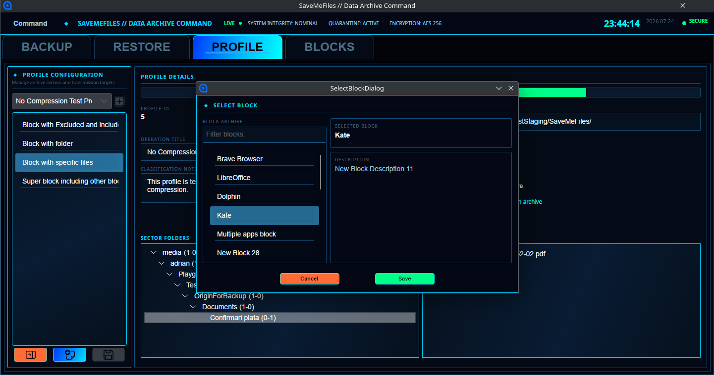 Assigning blocks to a profile before running the backup.