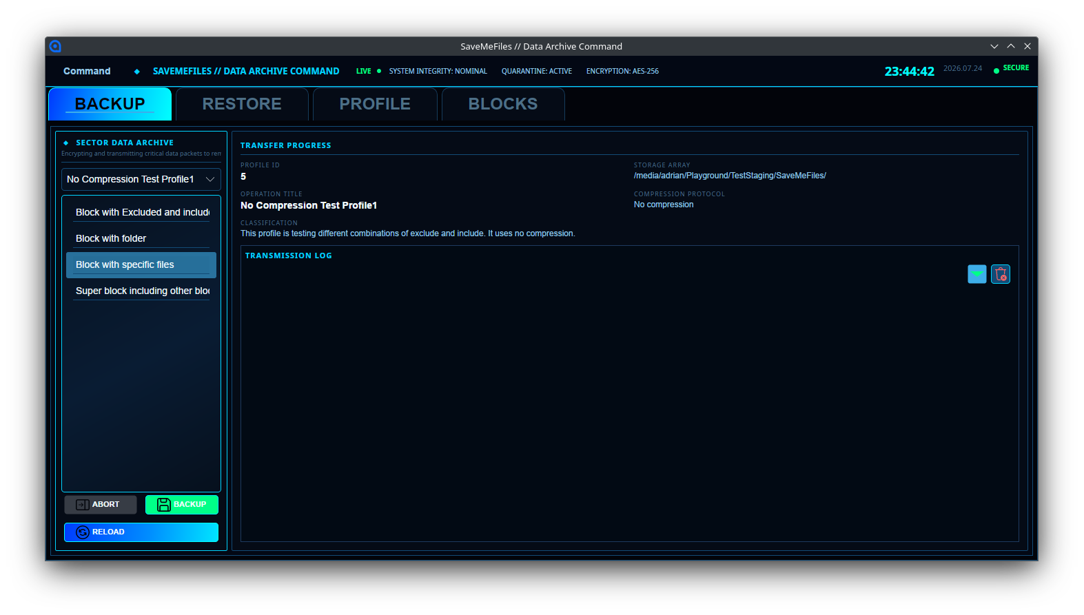 BACKUP tab showing real-time rsync transfer progress and transmission log.