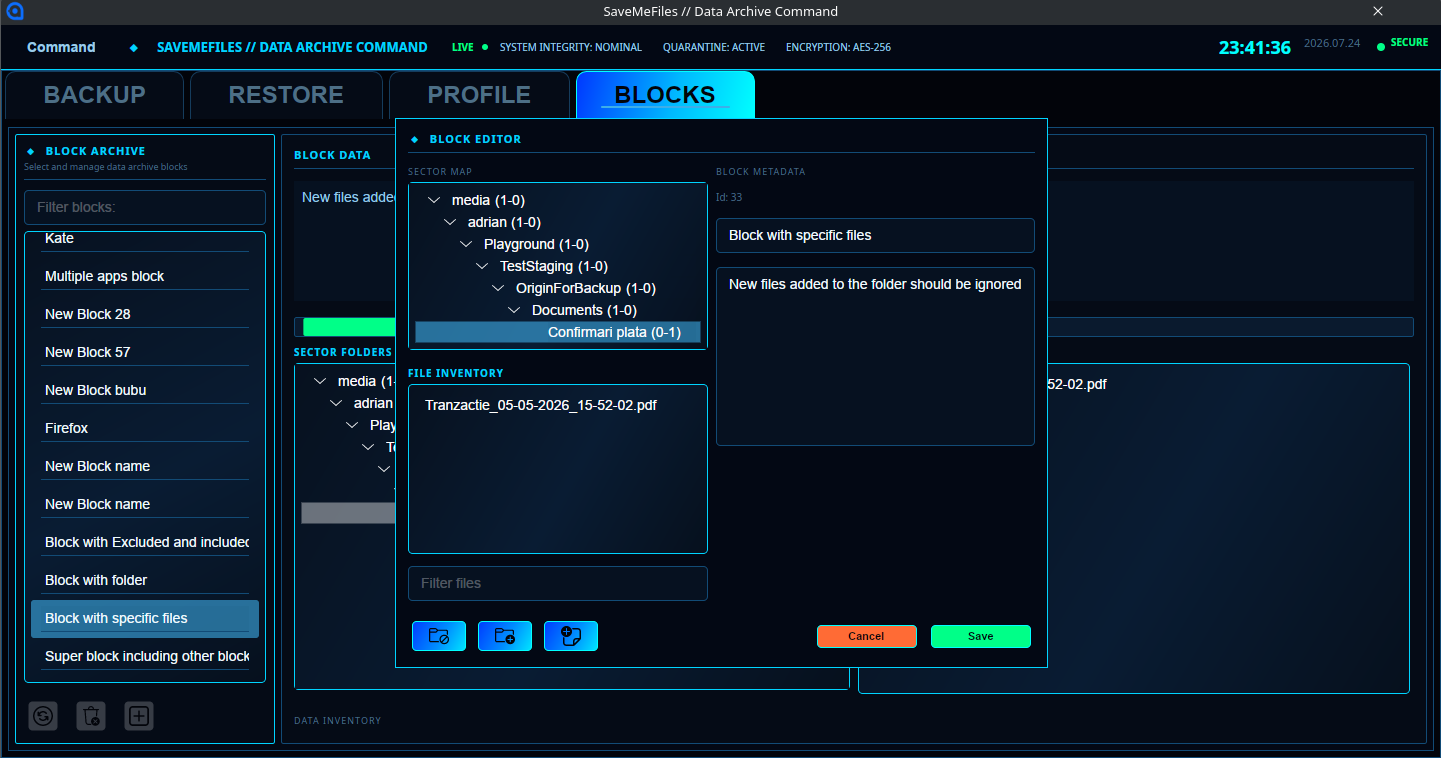Block editor for including and excluding specific files and folders.