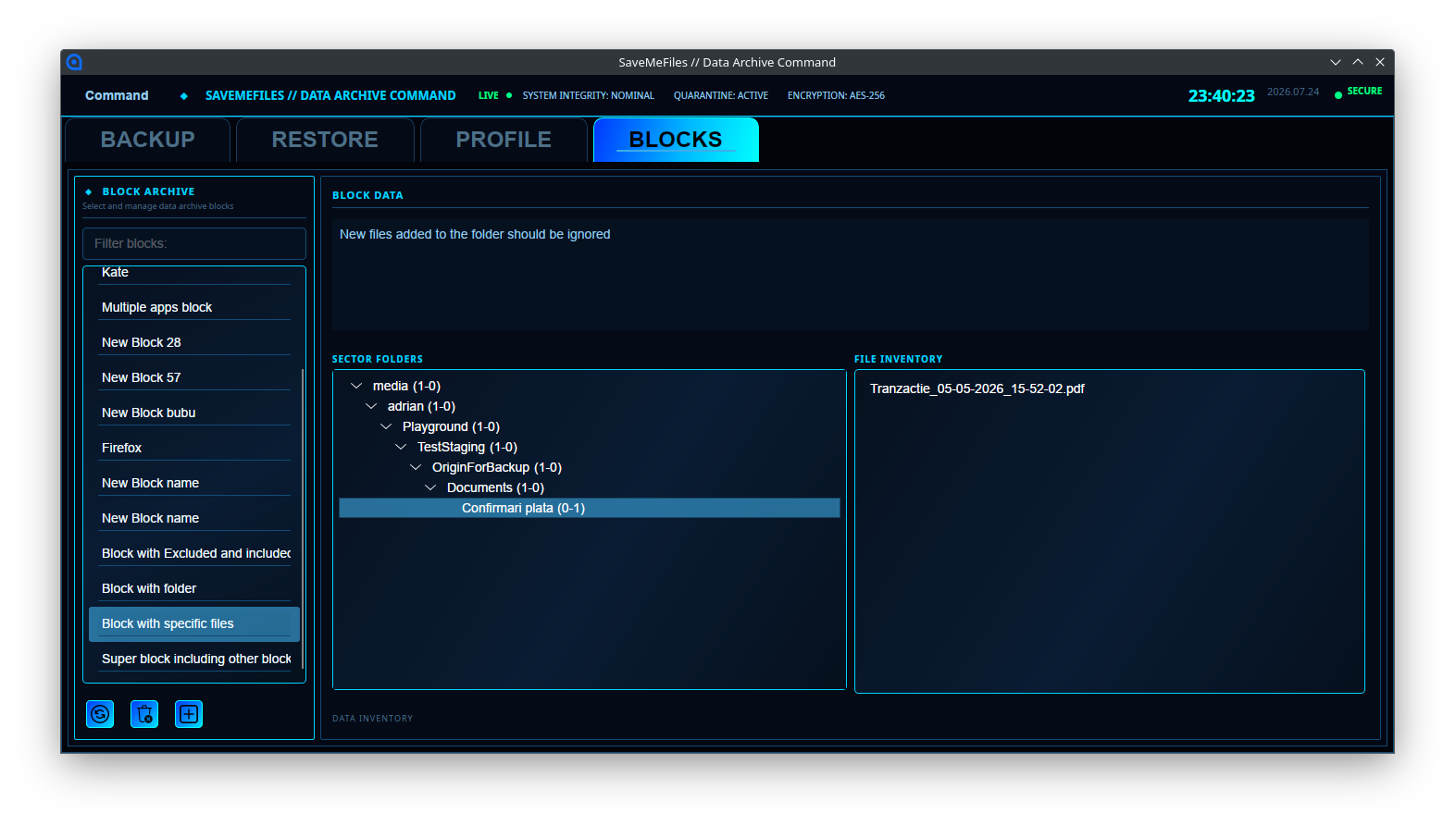 Blocks view showing the hierarchical folder tree and file inventory.