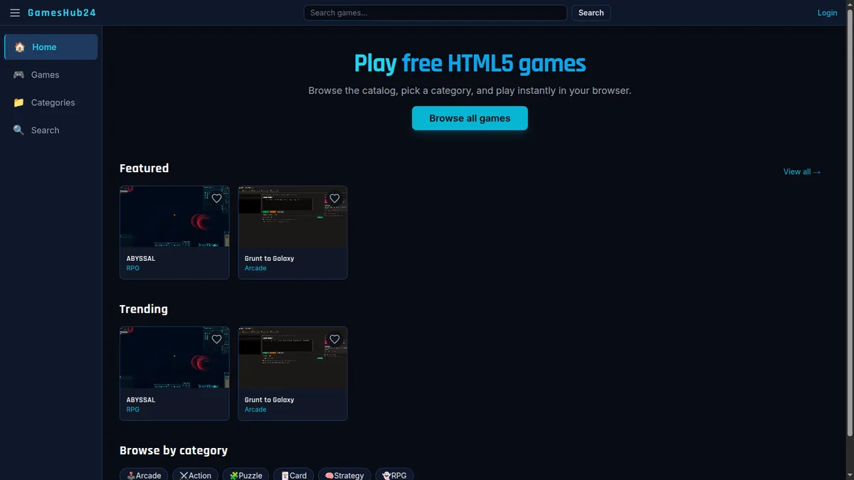 The live GamesHub24 portal — browse the catalogue, pick a category and play instantly.