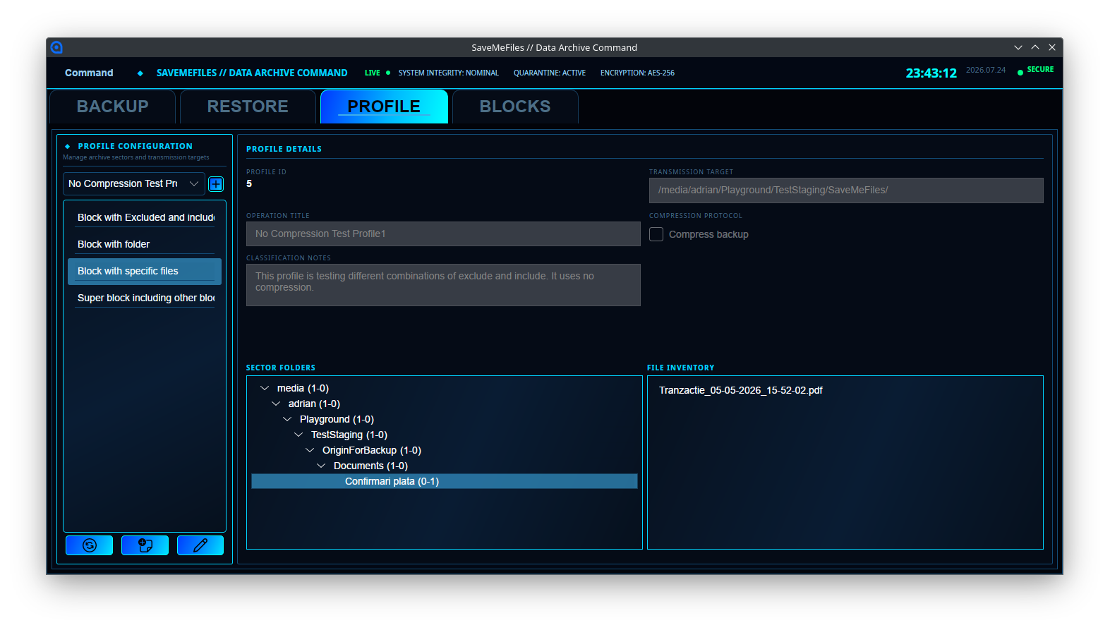 Profile overview displaying assigned blocks, destination, and compression settings.