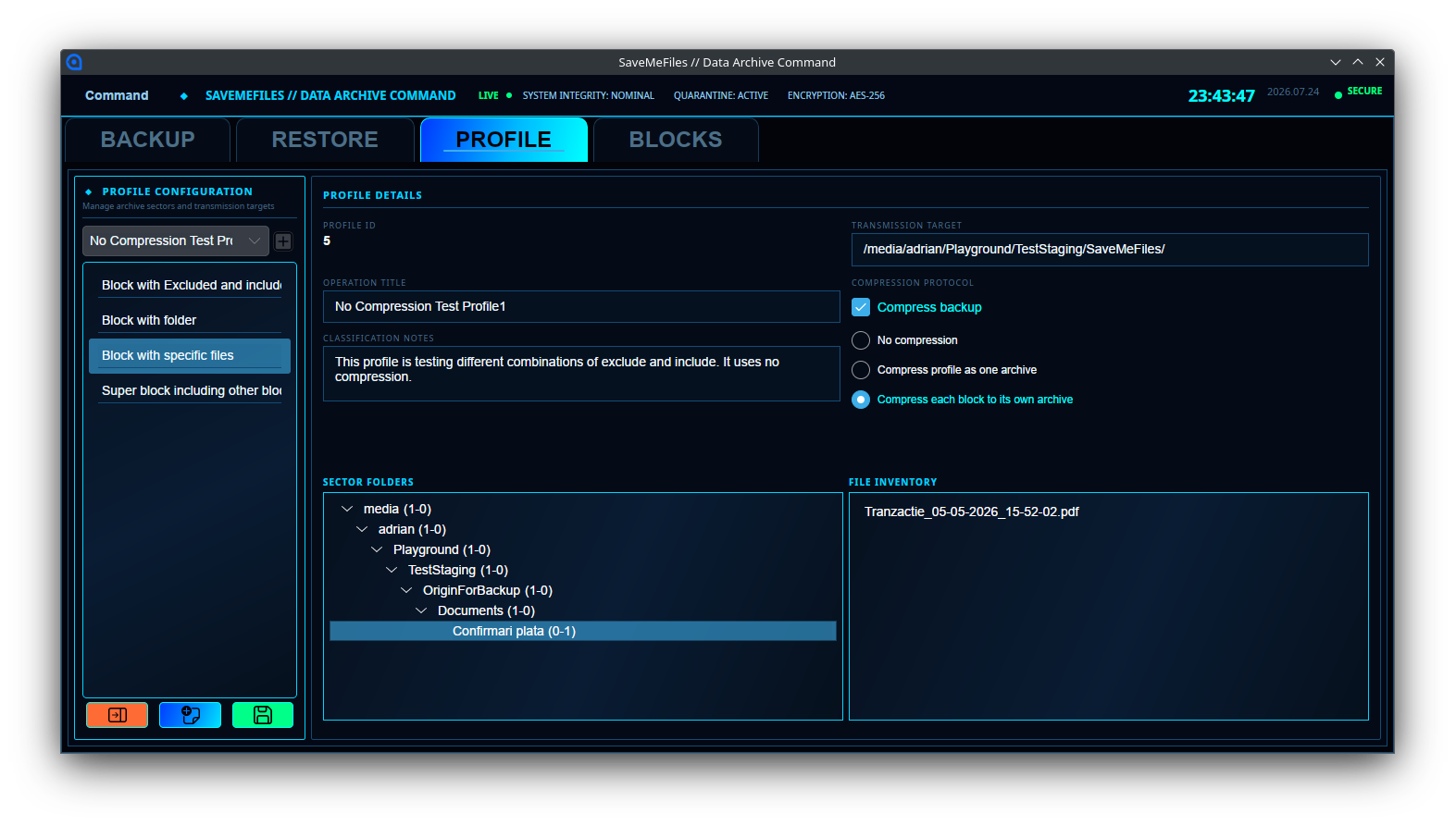 Profile editor for updating destination paths, titles, and block assignments.